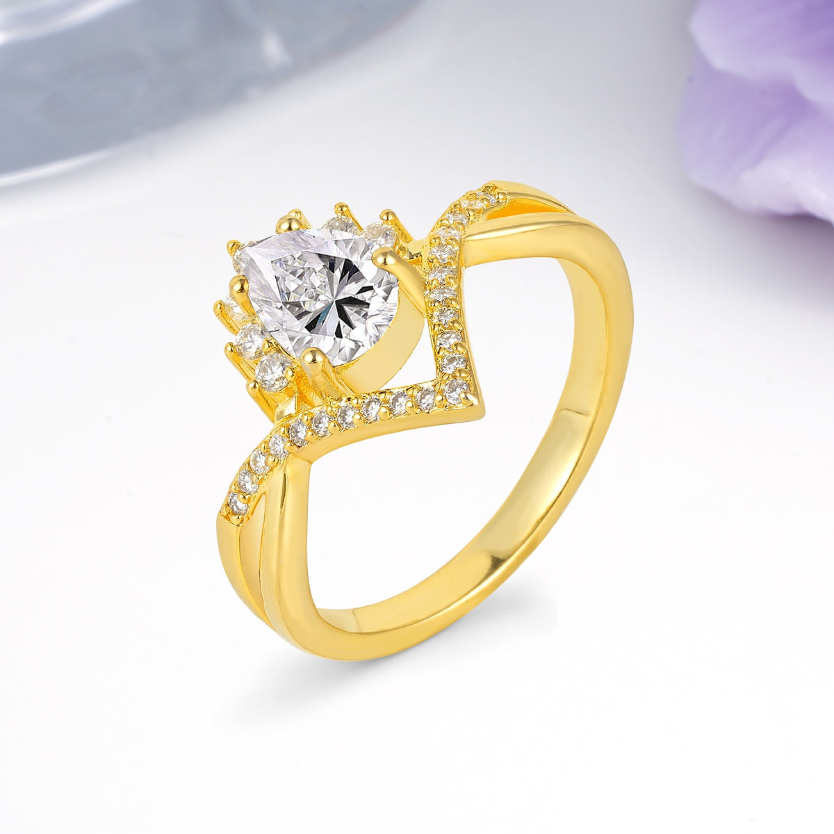 Princess Crown Pear Cut Halo V Shaped Twisted Pave Shank Lab Diamond Engagement Ring - Additional view