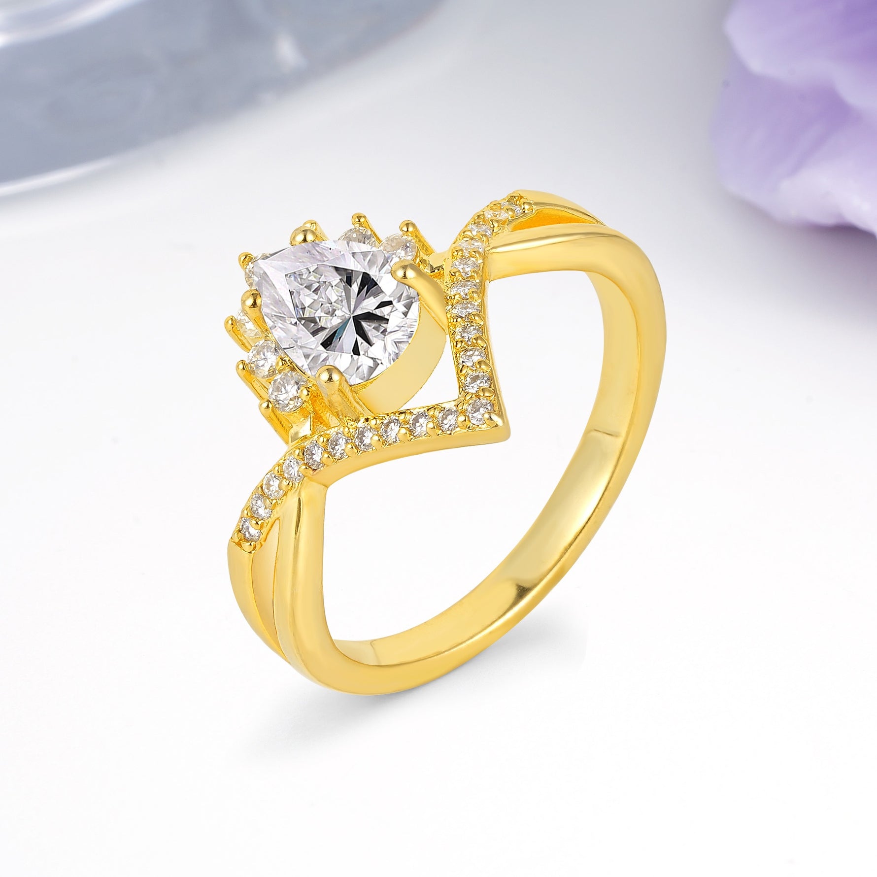 Princess Crown Pear Cut Halo V Shaped Twisted Pave Shank Lab Diamond Engagement Ring - Additional view