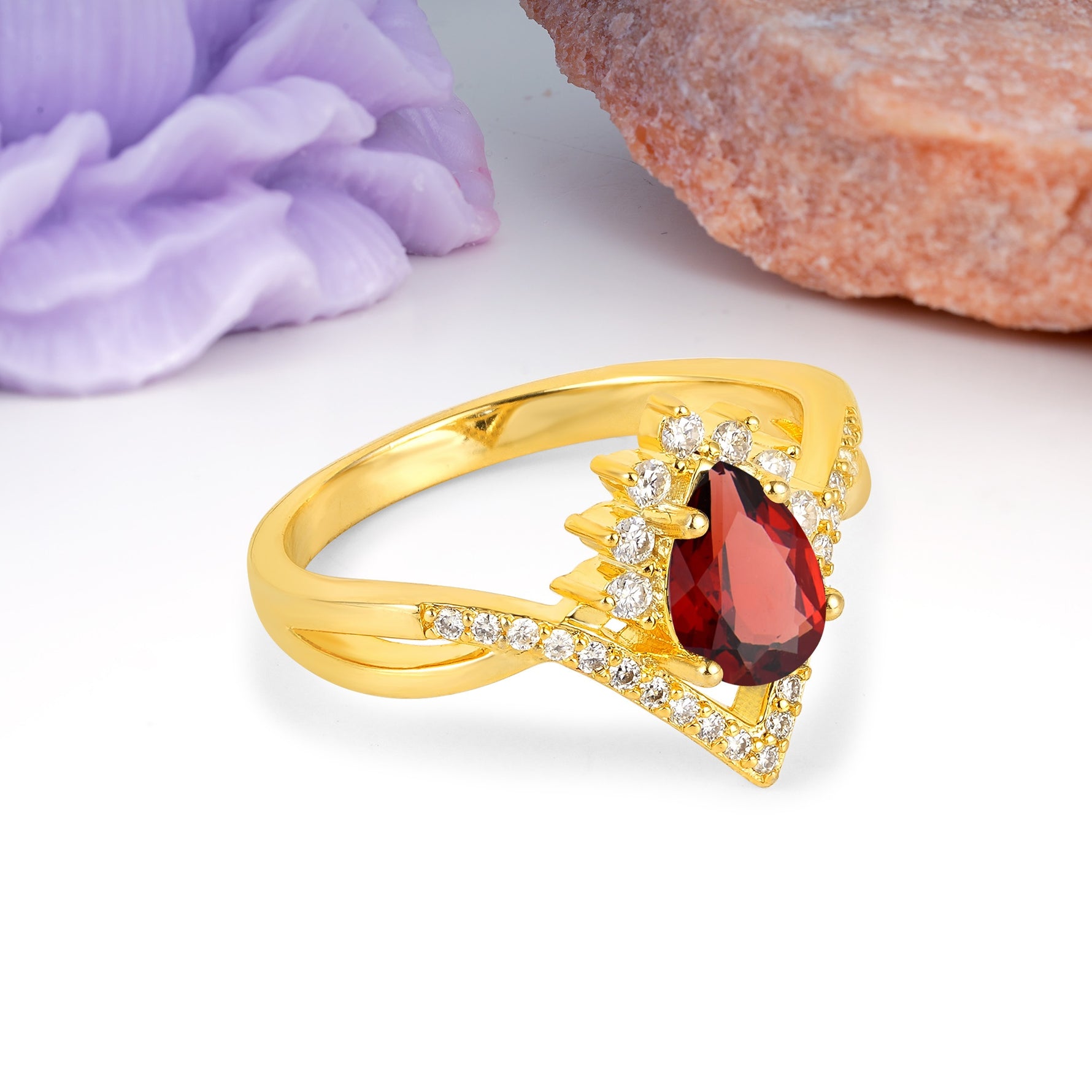Princess Crown Pear Cut Halo V Shaped Twisted Pave Shank Garnet Engagement Ring - Additional view