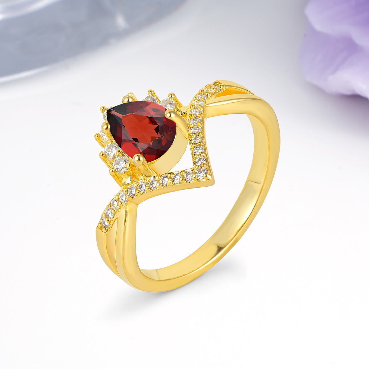Princess Crown Pear Cut Halo V Shaped Twisted Pave Shank Garnet Engagement Ring - Additional view