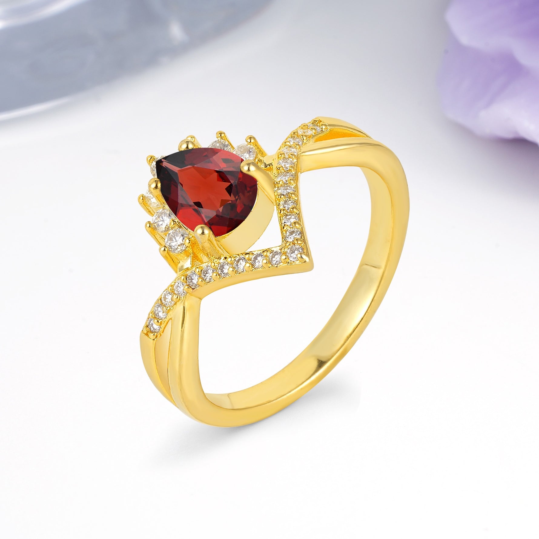 Princess Crown Pear Cut Halo V Shaped Twisted Pave Shank Garnet Engagement Ring - Additional view