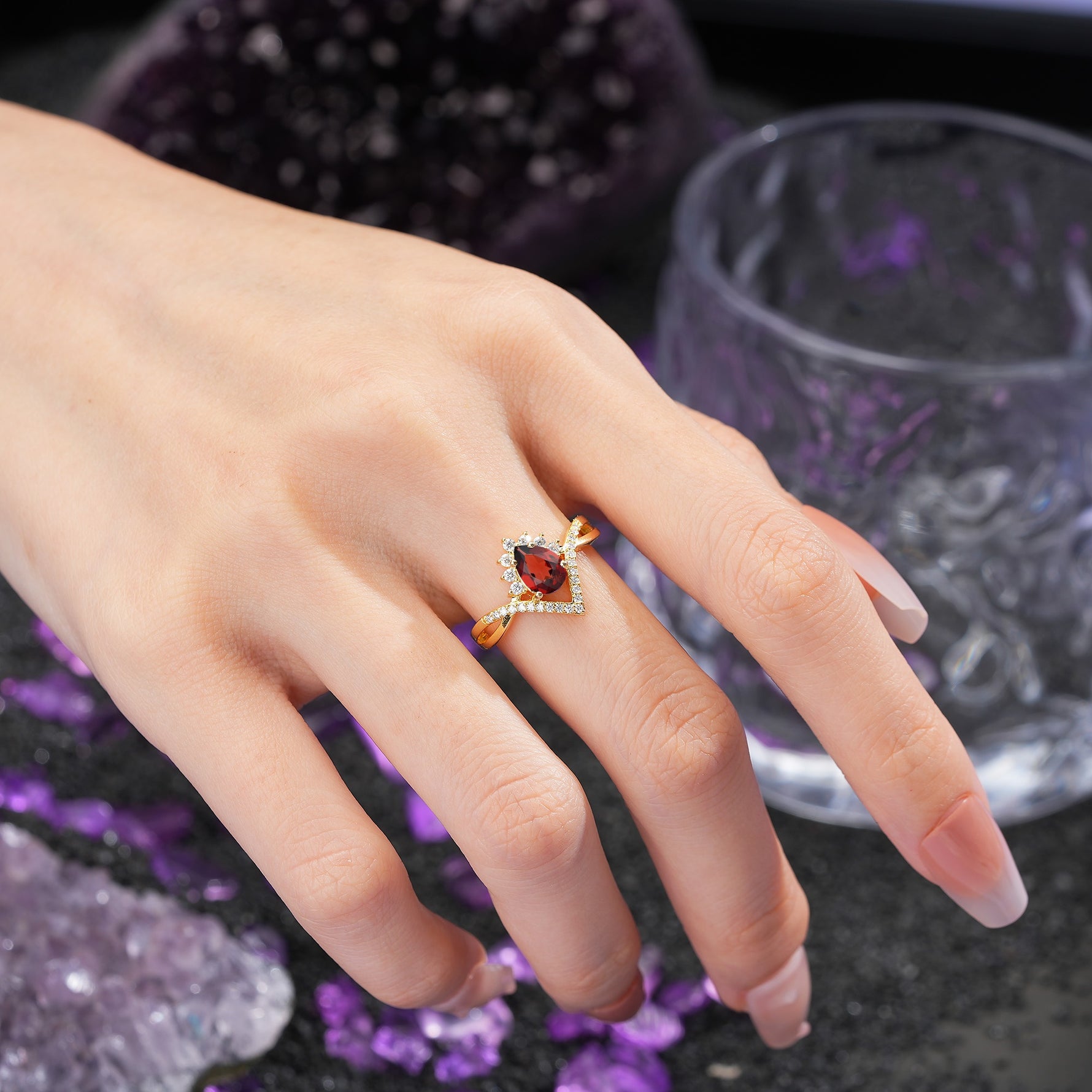 Princess Crown Pear Cut Halo V Shaped Twisted Pave Shank Garnet Engagement Ring - Additional view