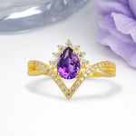 Princess Crown Pear Cut Halo V Shaped Twisted Pave Shank Amethyst Engagement Ring - Additional view