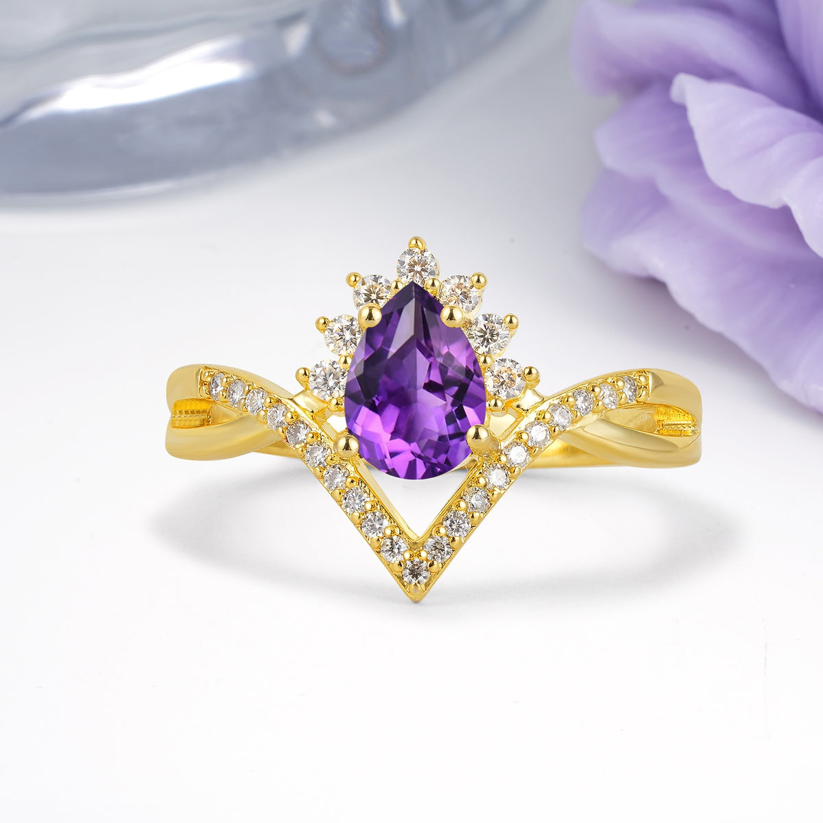 Princess Crown Pear Cut Halo V Shaped Twisted Pave Shank Amethyst Engagement Ring - Additional view