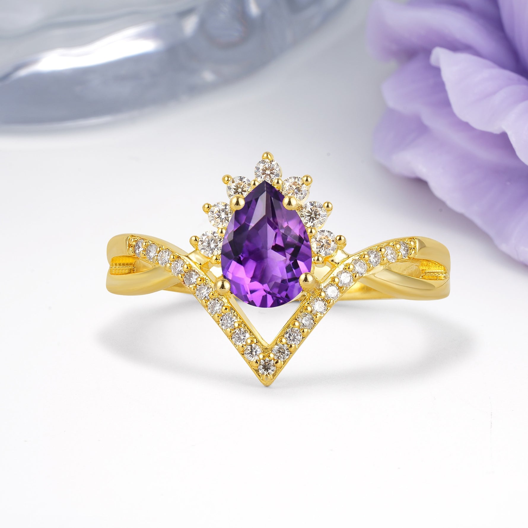 Princess Crown Pear Cut Halo V Shaped Twisted Pave Shank Amethyst Engagement Ring - Additional view