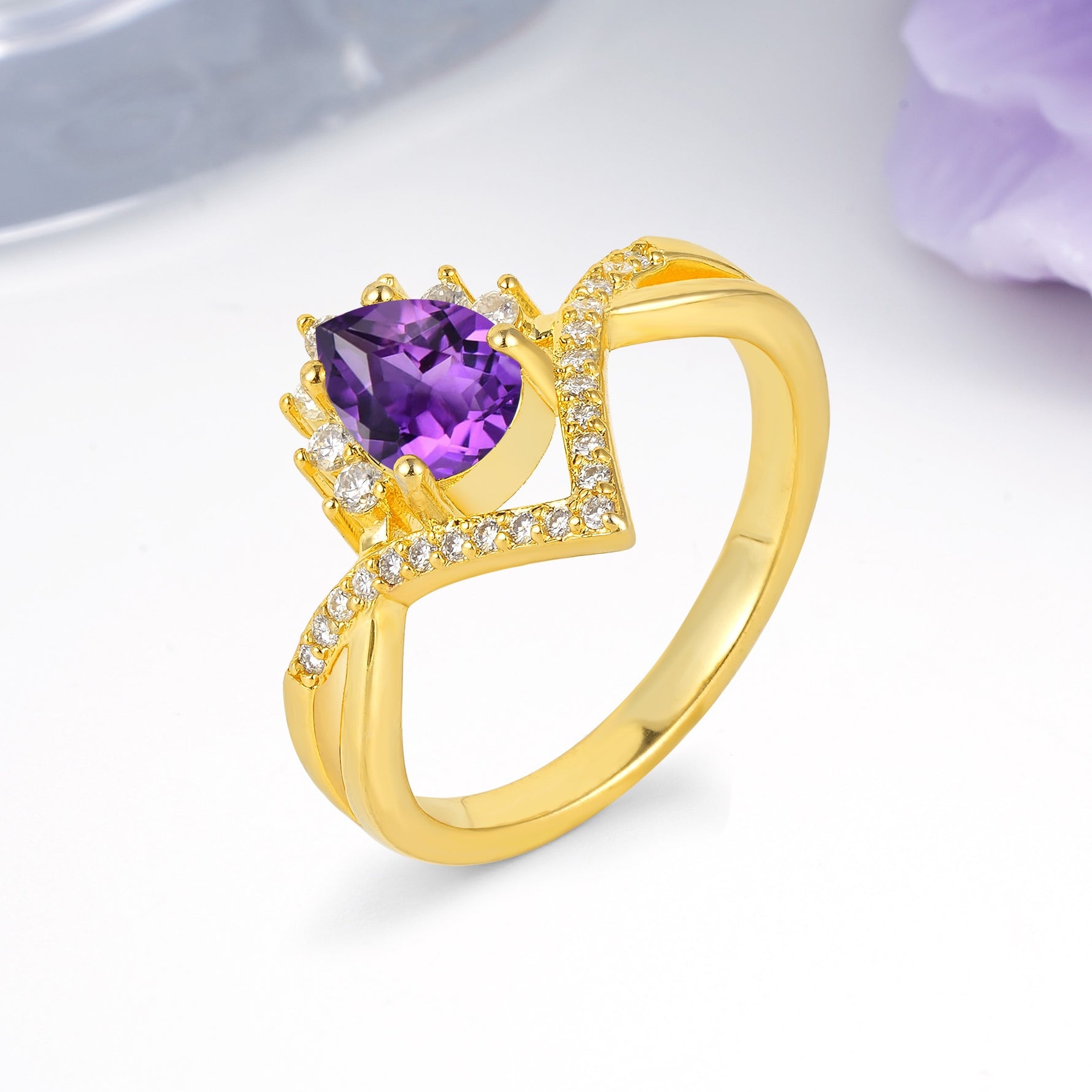 Princess Crown Pear Cut Halo V Shaped Twisted Pave Shank Amethyst Engagement Ring - Additional view