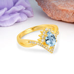 Princess Crown Pear Cut Halo V Shaped Twisted Pave Shank Aquamarine Engagement Ring - Additional view