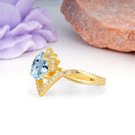 Princess Crown Pear Cut Halo V Shaped Twisted Pave Shank Aquamarine Engagement Ring - Additional view