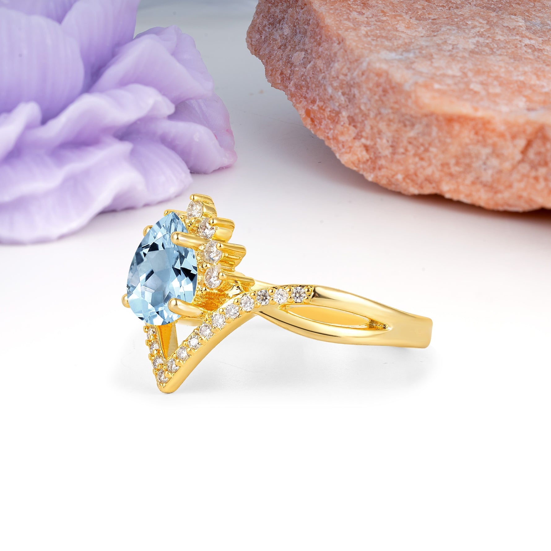 Princess Crown Pear Cut Halo V Shaped Twisted Pave Shank Aquamarine Engagement Ring - Additional view
