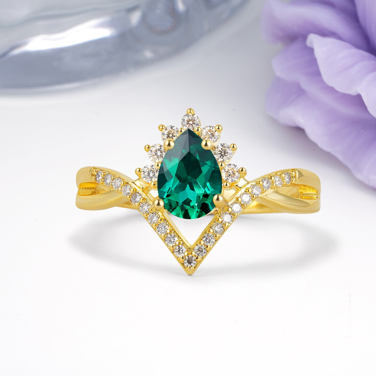 Princess Crown Pear Cut Halo V Shaped Twisted Pave Shank Emerald Engagement Ring - Additional view