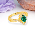 Princess Crown Pear Cut Halo V Shaped Twisted Pave Shank Emerald Engagement Ring - Additional view