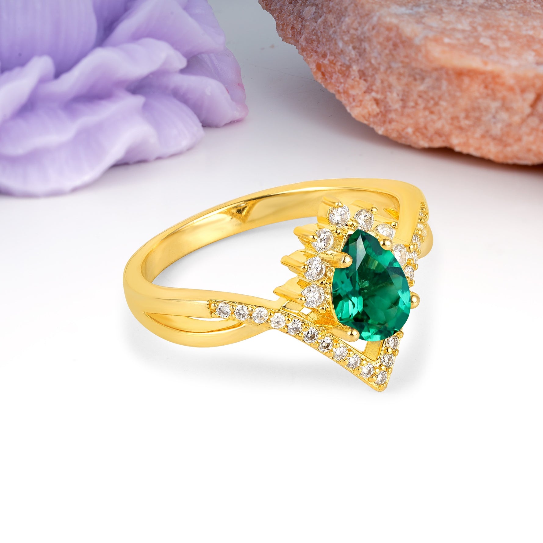 Princess Crown Pear Cut Halo V Shaped Twisted Pave Shank Emerald Engagement Ring - Additional view