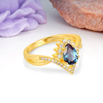 Princess Crown Pear Cut Halo V Shaped Twisted Pave Shank Alexandrite Engagement Ring - Additional view