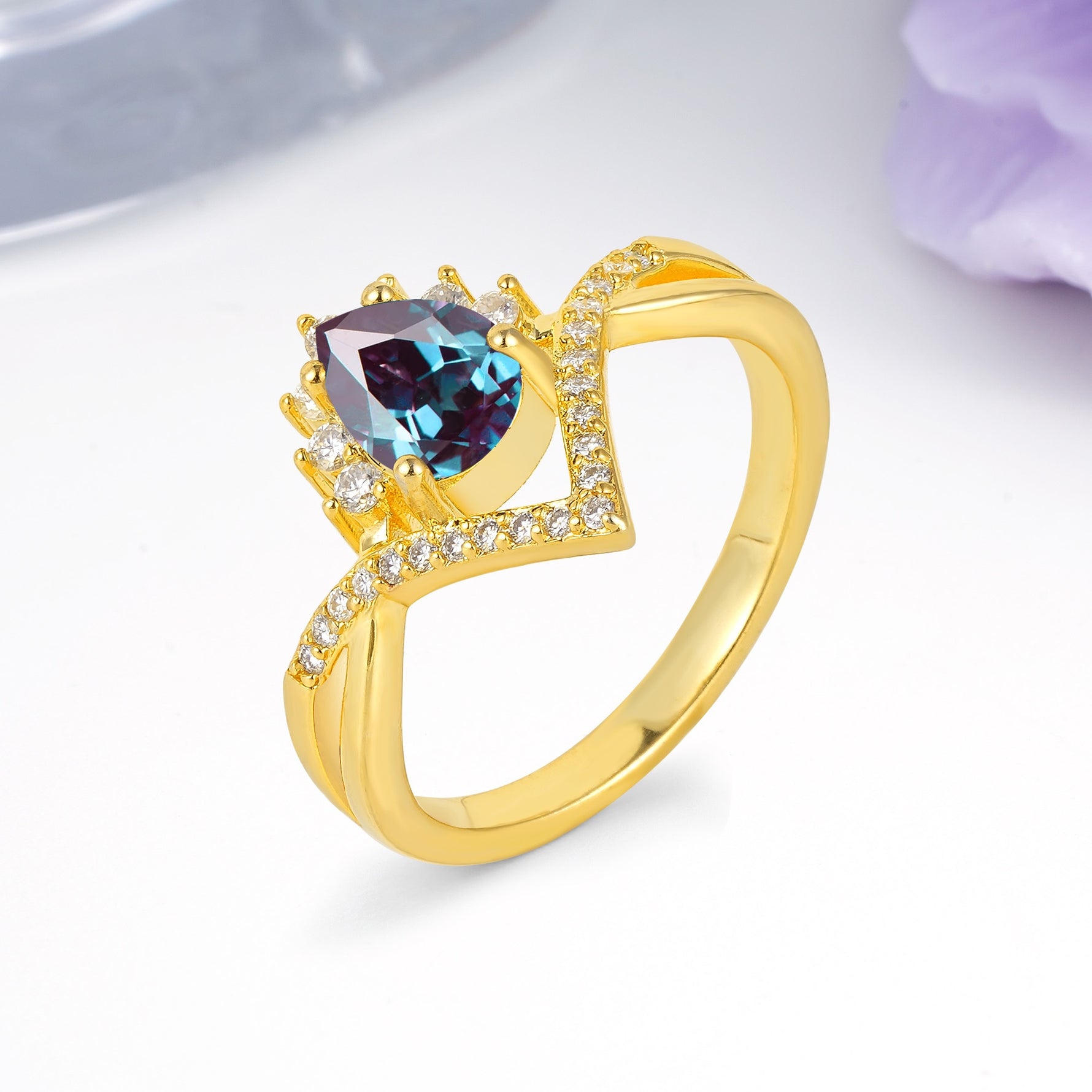 Princess Crown Pear Cut Halo V Shaped Twisted Pave Shank Alexandrite Engagement Ring - Additional view