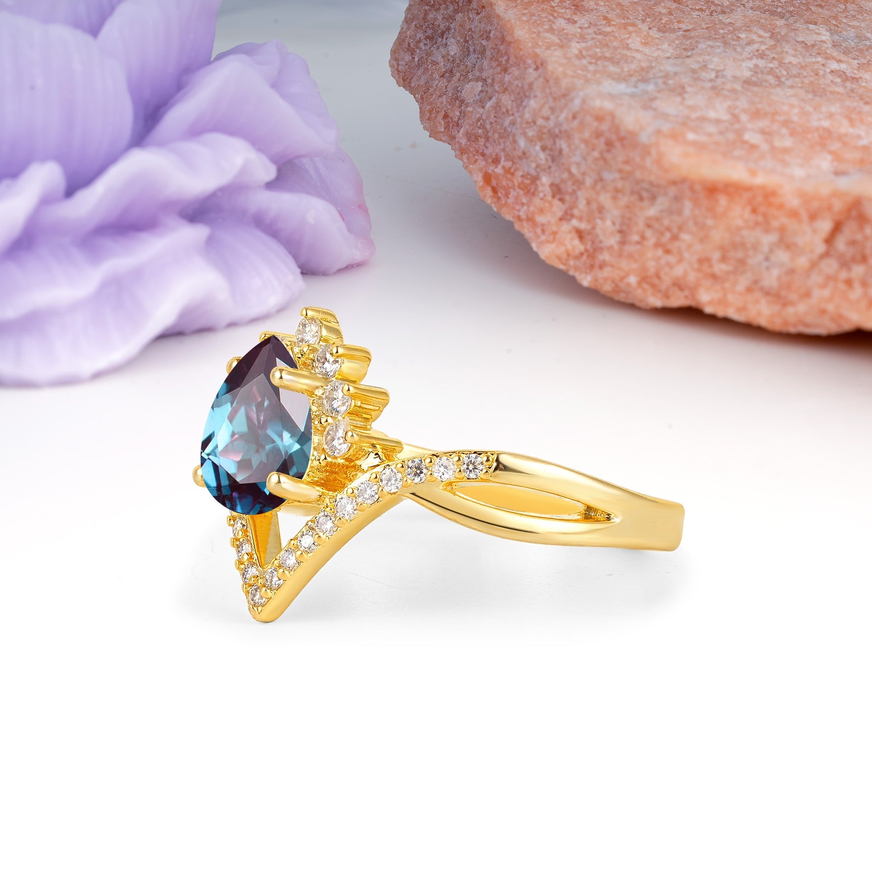 Princess Crown Pear Cut Halo V Shaped Twisted Pave Shank Alexandrite Engagement Ring - Additional view