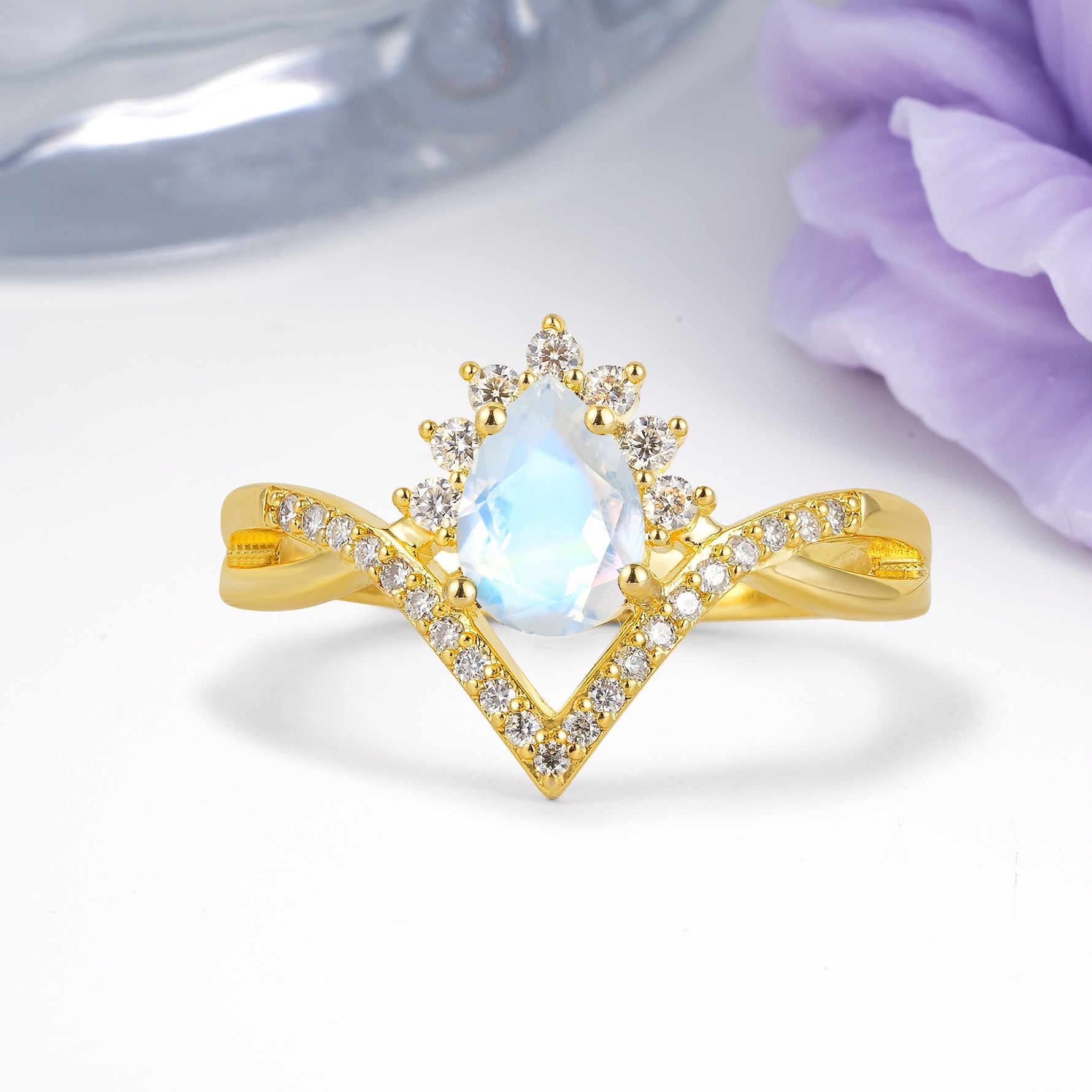 Princess Crown Pear Cut Halo V Shaped Twisted Pave Shank Moonstone Engagement Ring - Additional view
