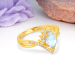 Princess Crown Pear Cut Halo V Shaped Twisted Pave Shank Moonstone Engagement Ring - Additional view