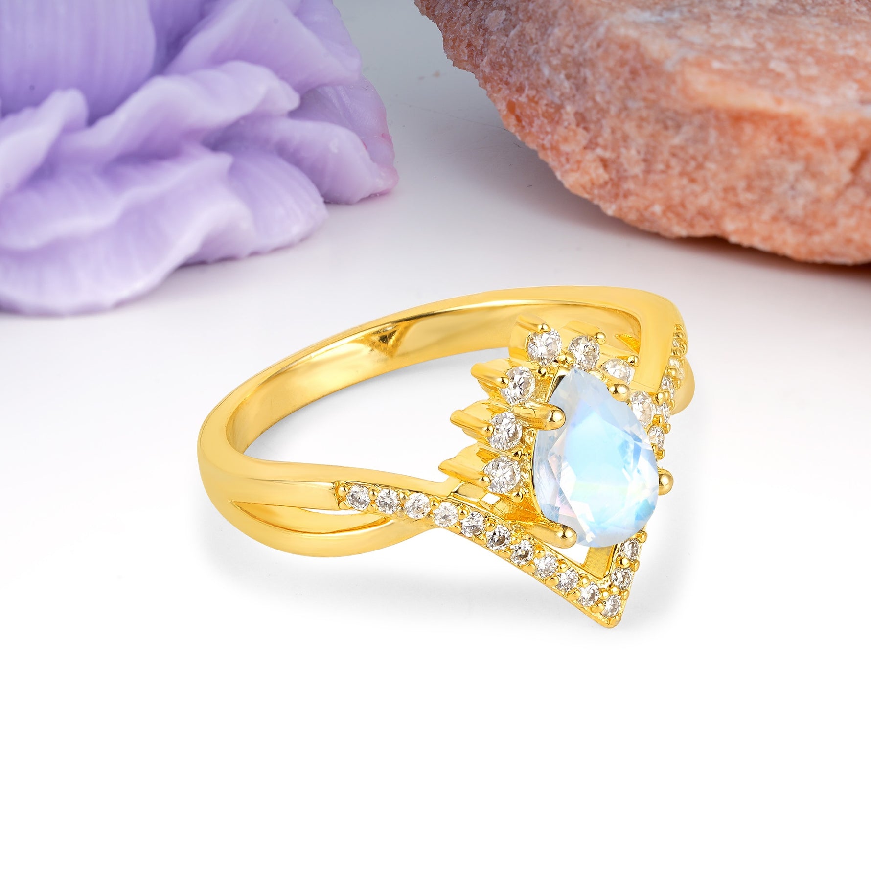 Princess Crown Pear Cut Halo V Shaped Twisted Pave Shank Moonstone Engagement Ring - Additional view