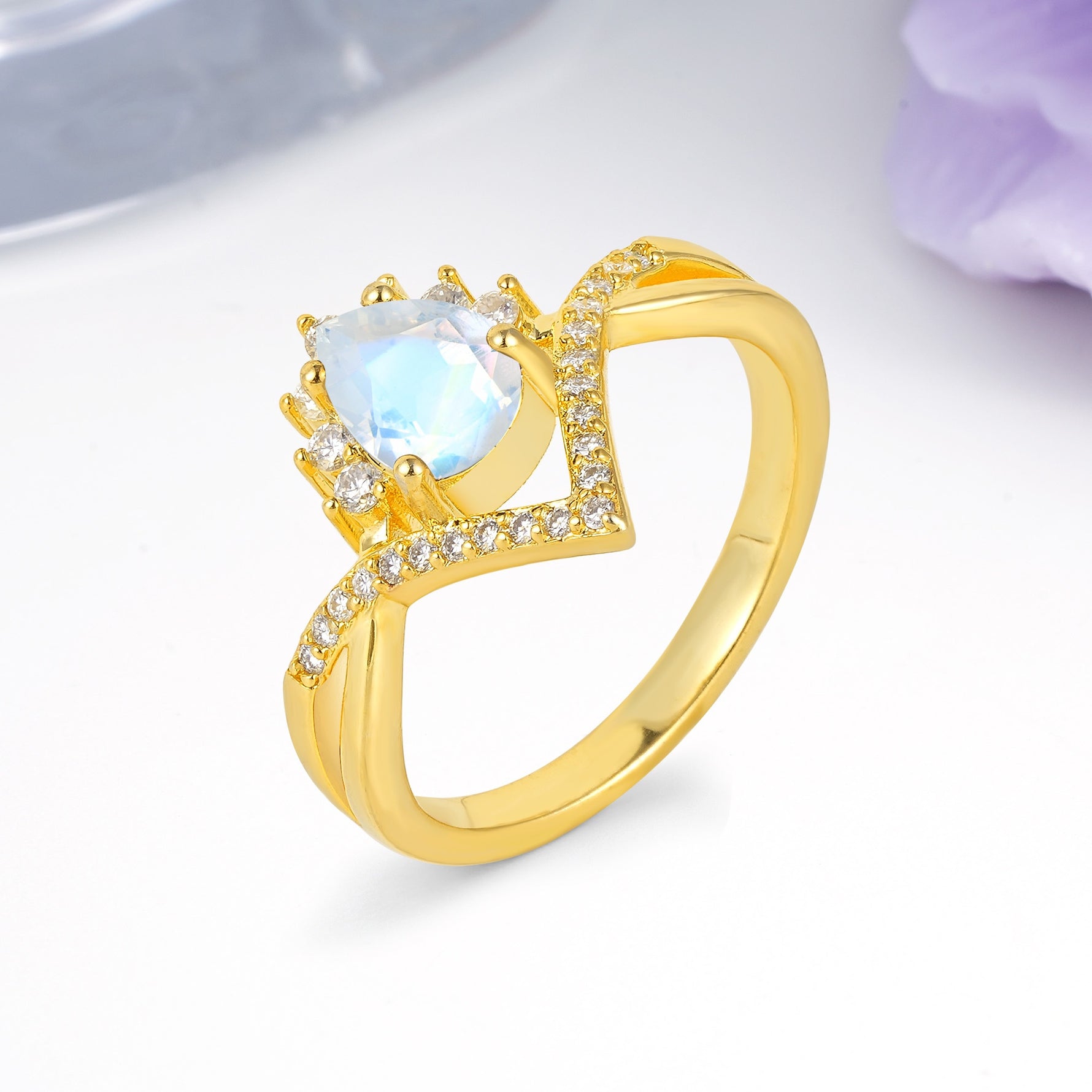 Princess Crown Pear Cut Halo V Shaped Twisted Pave Shank Moonstone Engagement Ring - Additional view