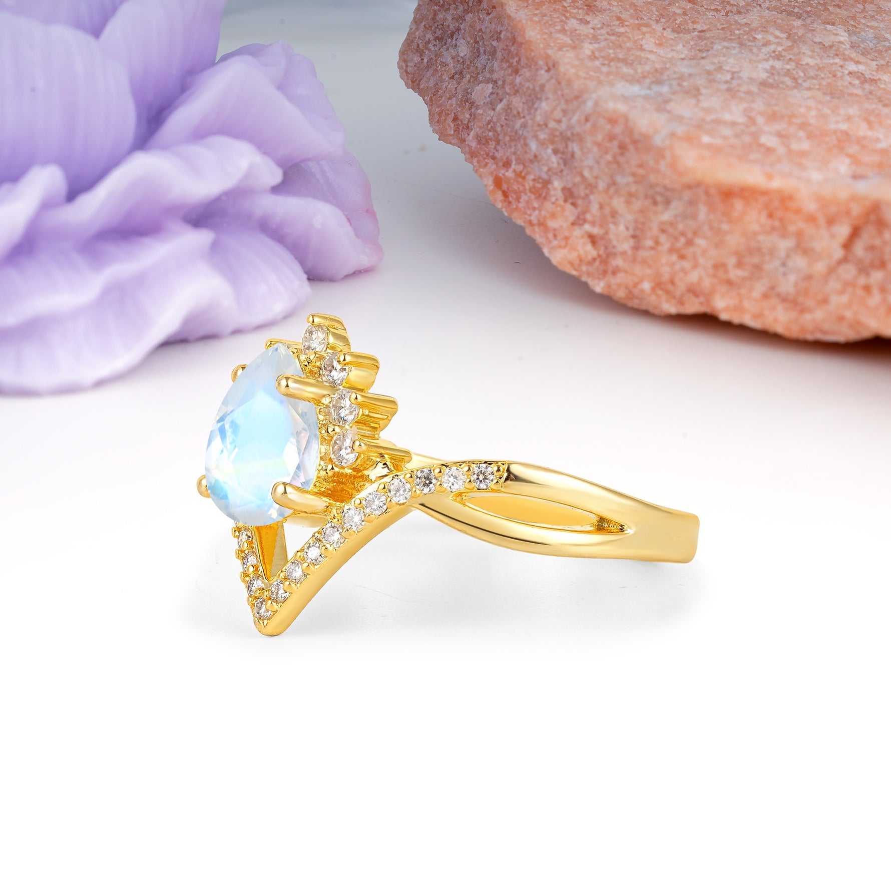 Princess Crown Pear Cut Halo V Shaped Twisted Pave Shank Moonstone Engagement Ring - Additional view