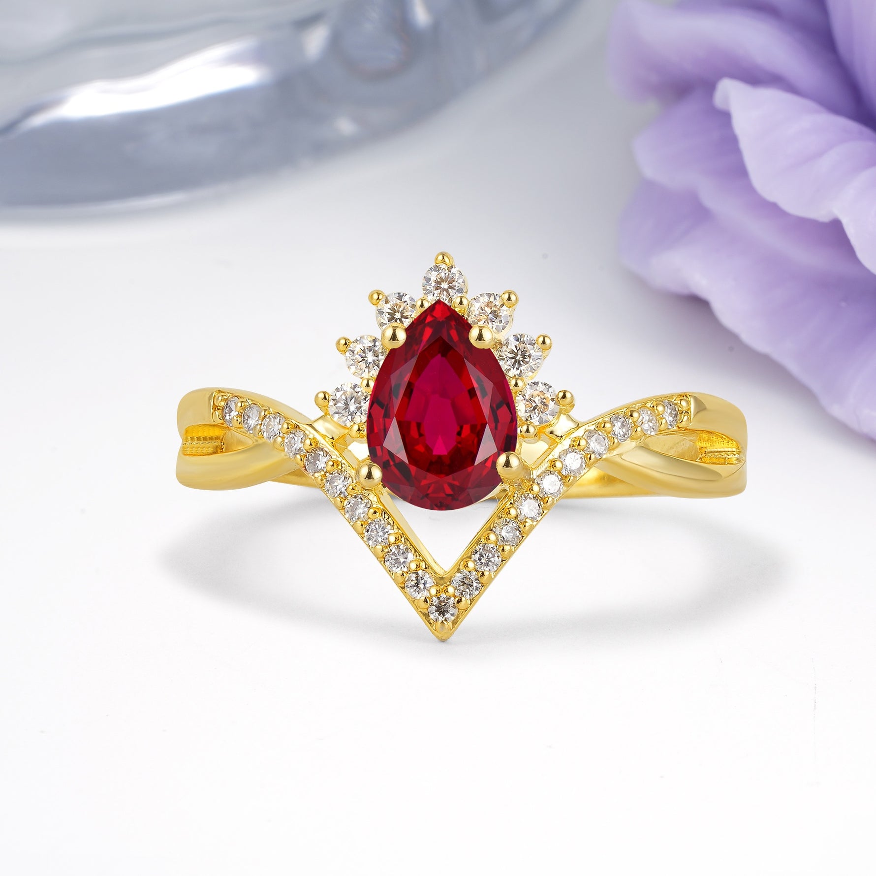Princess Crown Pear Cut Halo V Shaped Twisted Pave Shank Ruby Engagement Ring - Additional view