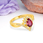 Princess Crown Pear Cut Halo V Shaped Twisted Pave Shank Ruby Engagement Ring - Additional view