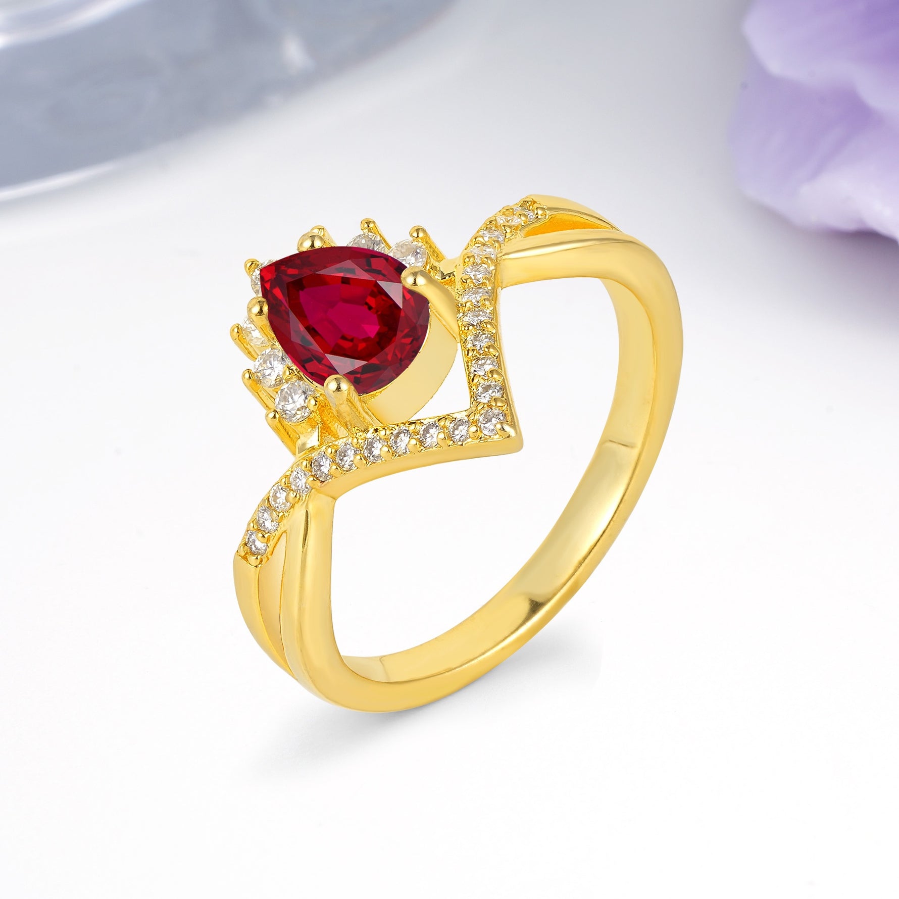 Princess Crown Pear Cut Halo V Shaped Twisted Pave Shank Ruby Engagement Ring - Additional view