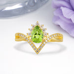 Princess Crown Pear Cut Halo V Shaped Twisted Pave Shank Peridot Engagement Ring - Additional view