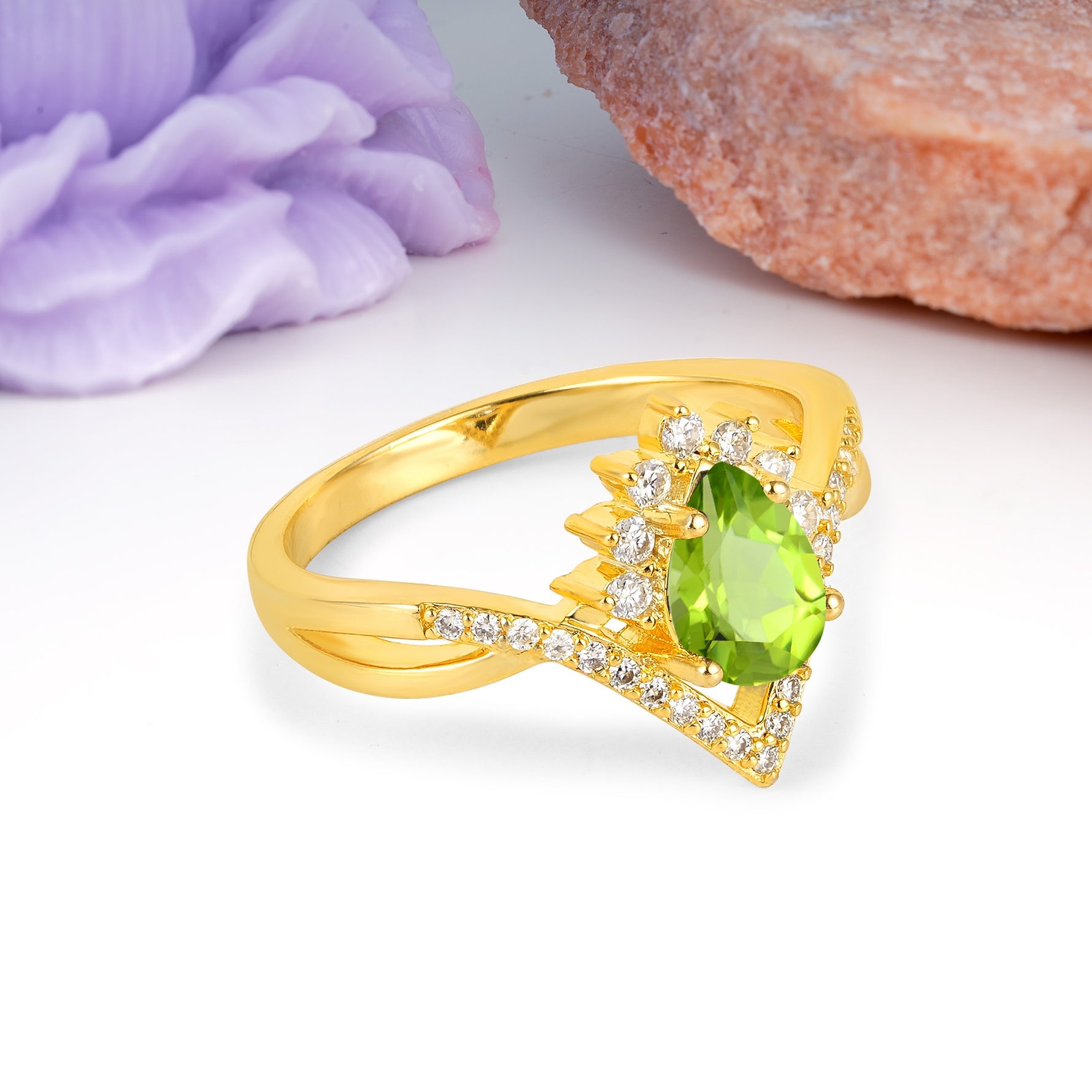 Princess Crown Pear Cut Halo V Shaped Twisted Pave Shank Peridot Engagement Ring - Additional view
