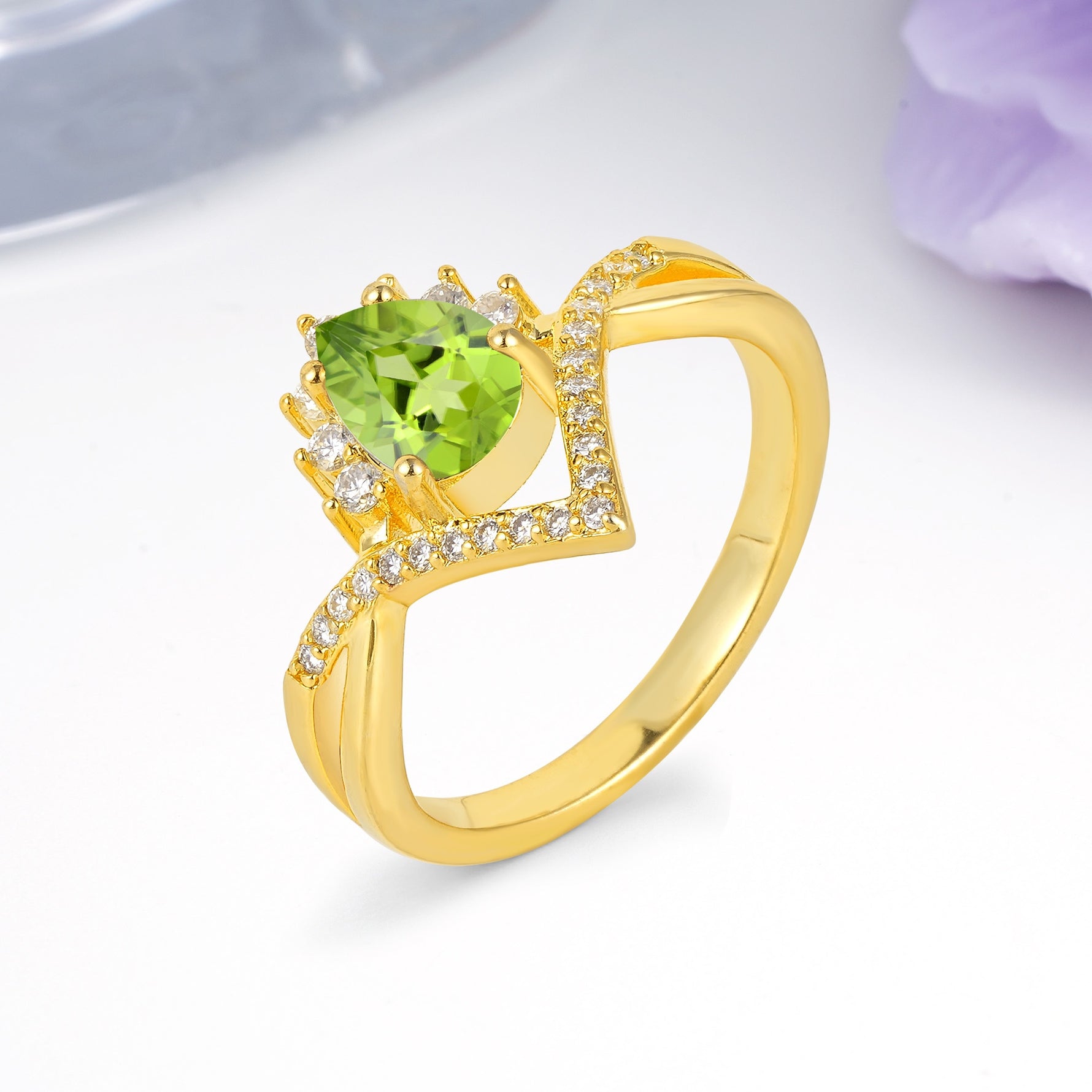 Princess Crown Pear Cut Halo V Shaped Twisted Pave Shank Peridot Engagement Ring - Additional view