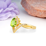 Princess Crown Pear Cut Halo V Shaped Twisted Pave Shank Peridot Engagement Ring - Additional view