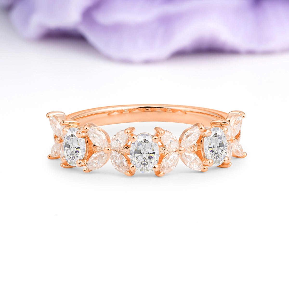 Unique and Luxurious 4 Prong Oval Cut Moissanite Three stones Wedding Ring - Additional view