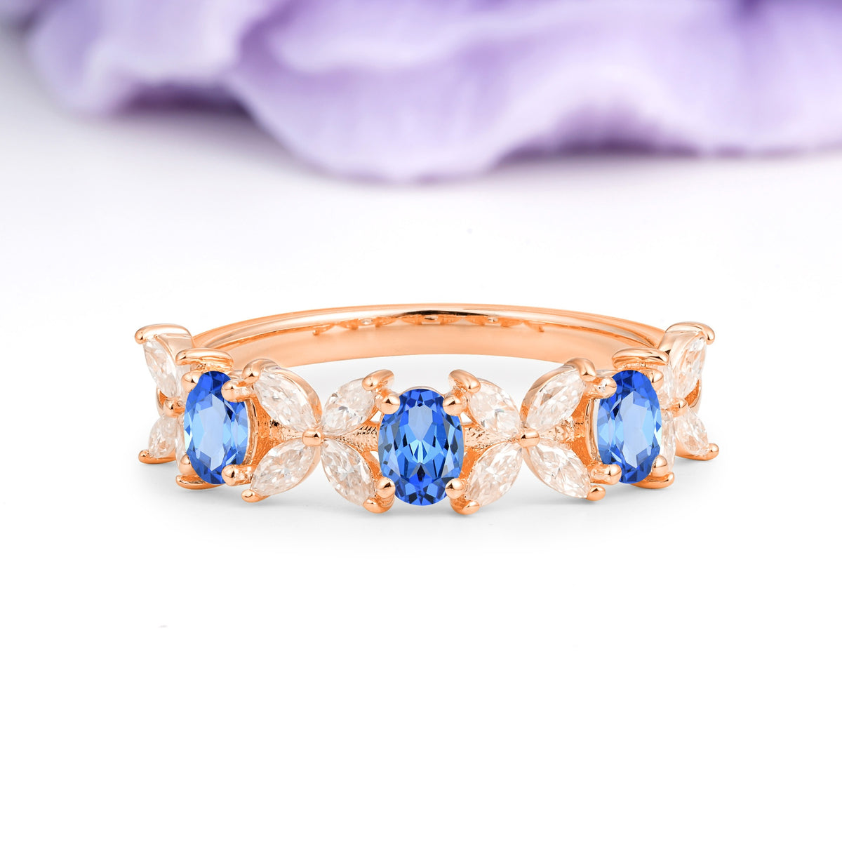 Unique and Luxurious 4 Prong Oval Cut Sapphire Three stones Wedding Ring - Additional view