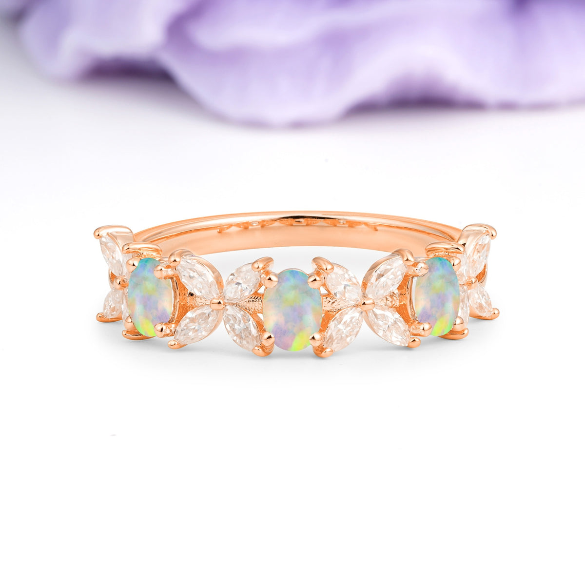 Unique and Luxurious 4 Prong Oval Cut Fire Opal Three stones Wedding Ring - Additional view