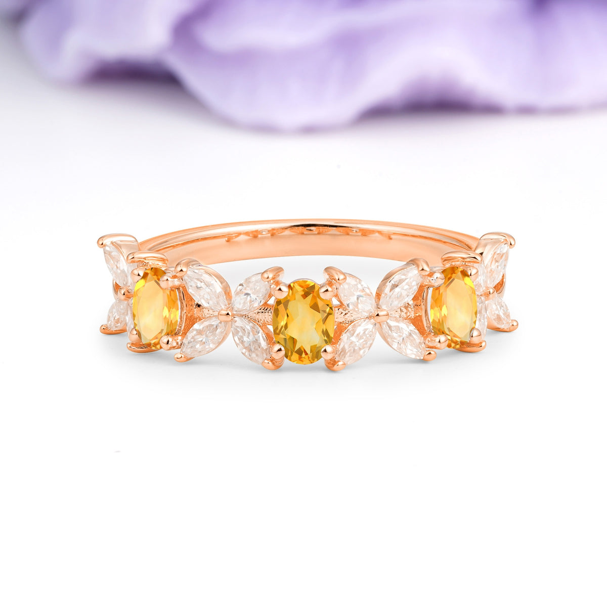 Unique and Luxurious 4 Prong Oval Cut Citrine Three stones Wedding Ring - Additional view