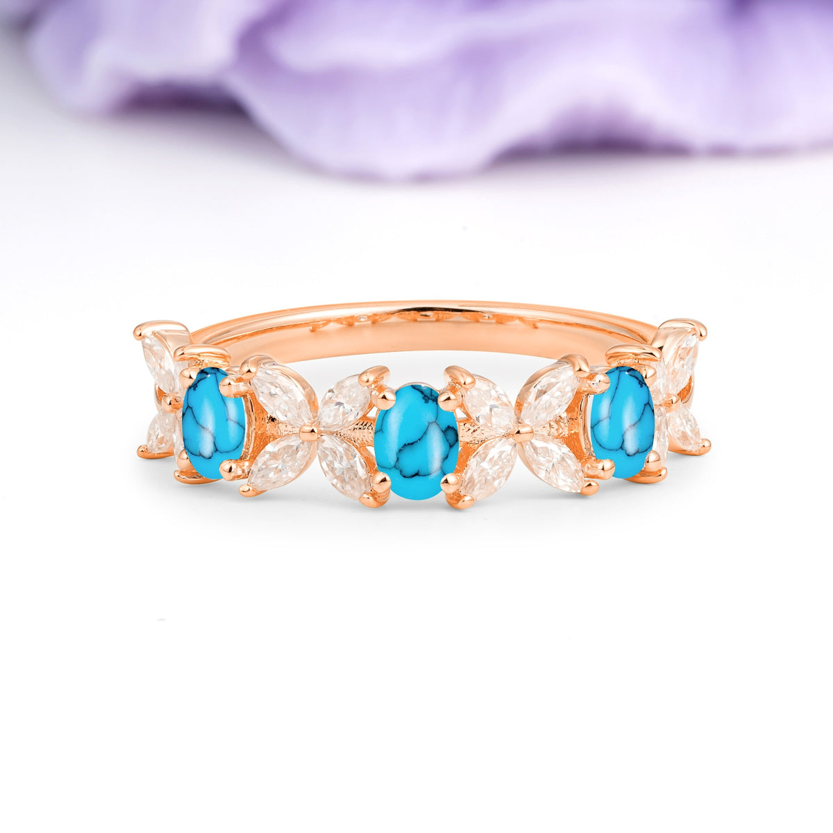 Unique and Luxurious 4 Prong Oval Cut Turquoise Three stones Wedding Ring - Additional view