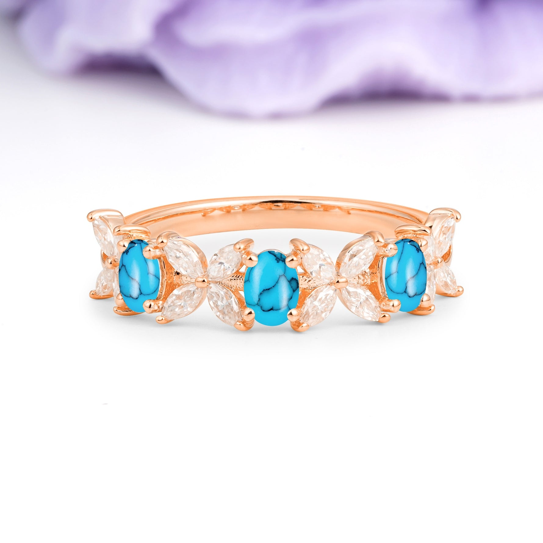 Unique and Luxurious 4 Prong Oval Cut Turquoise Three stones Wedding Ring - Additional view