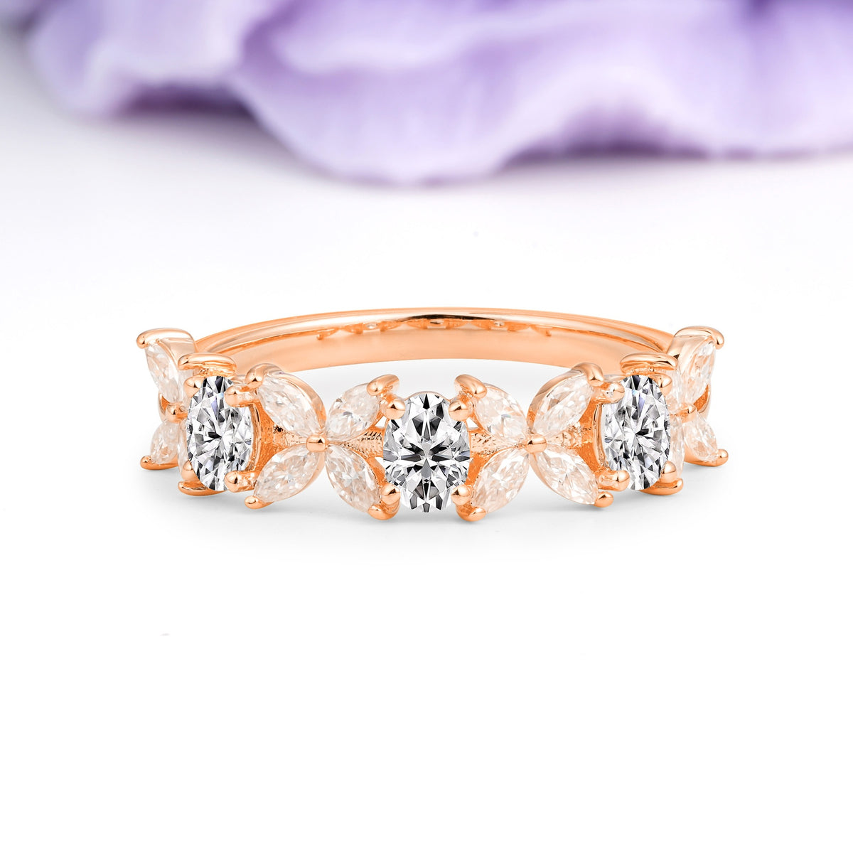 Unique and Luxurious 4 Prong Oval Cut Lab Diamond Three stones Wedding Ring - Additional view