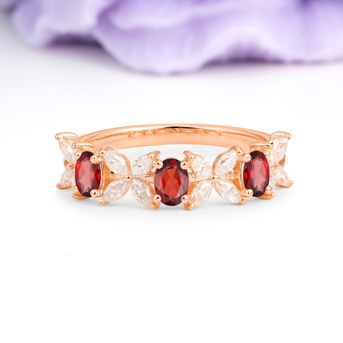 Unique and Luxurious 4 Prong Oval Cut Garnet Three stones Wedding Ring - Additional view
