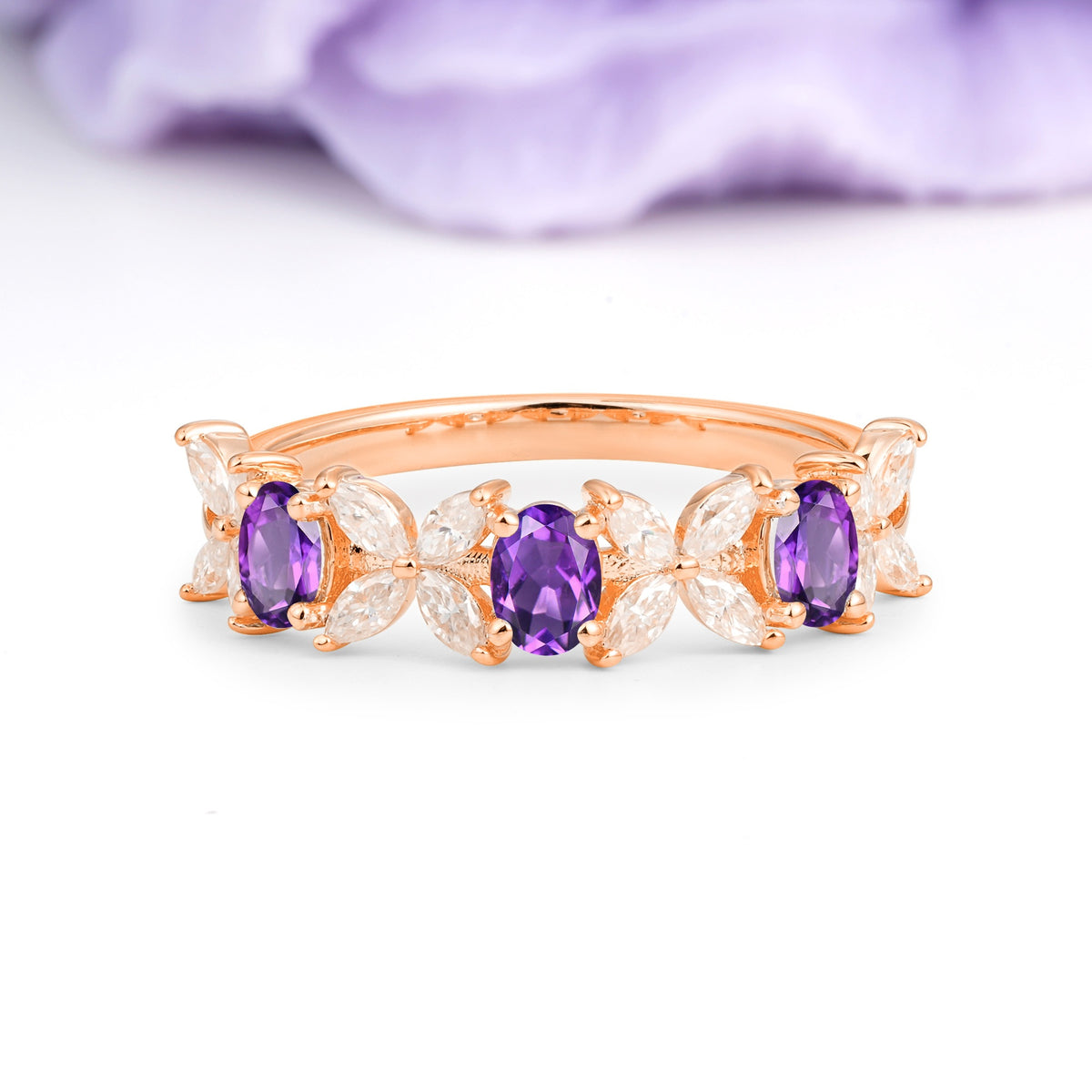Unique and Luxurious 4 Prong Oval Cut Amethyst Three stones Wedding Ring - Additional view