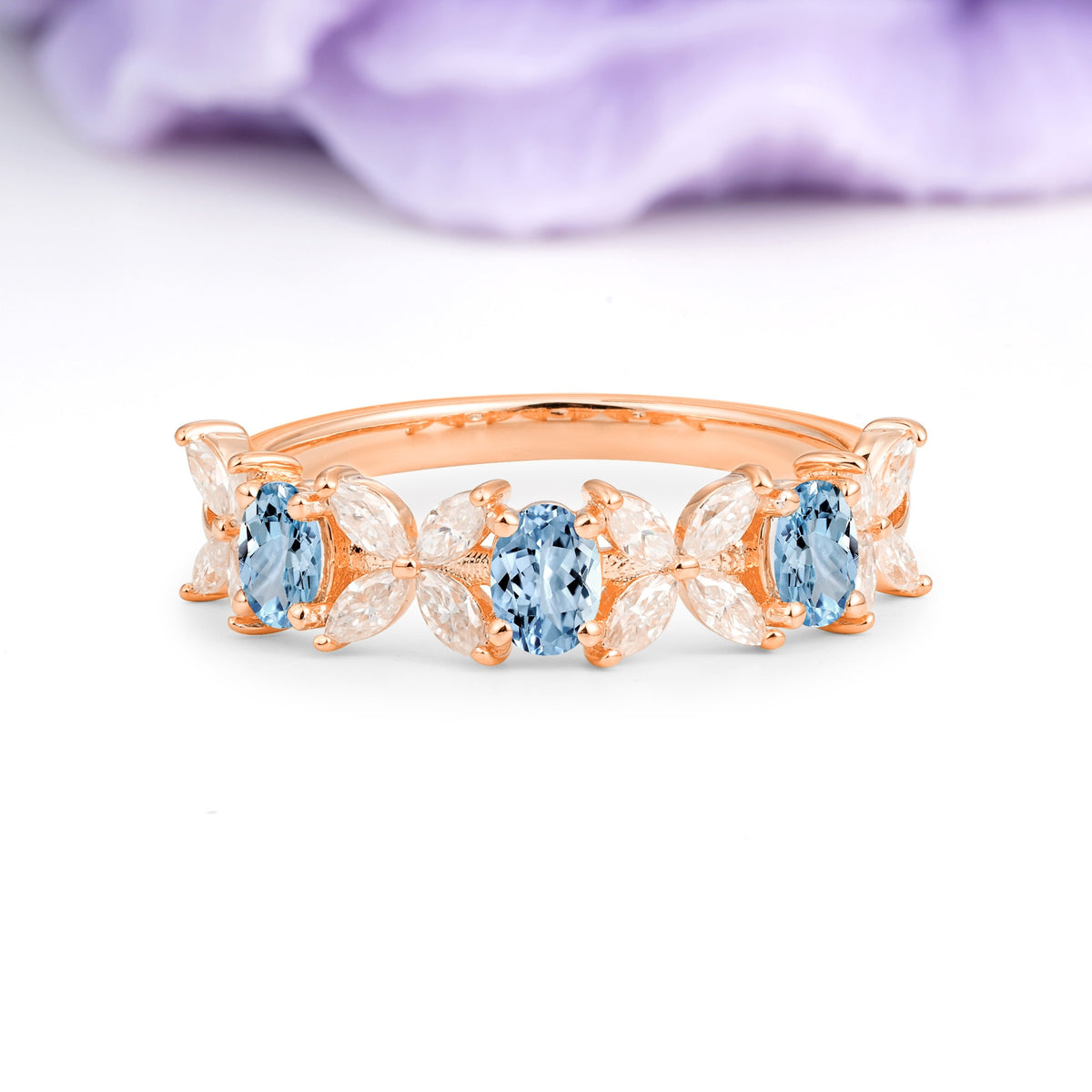 Unique and Luxurious 4 Prong Oval Cut Aquamarine Three stones Wedding Ring - Additional view