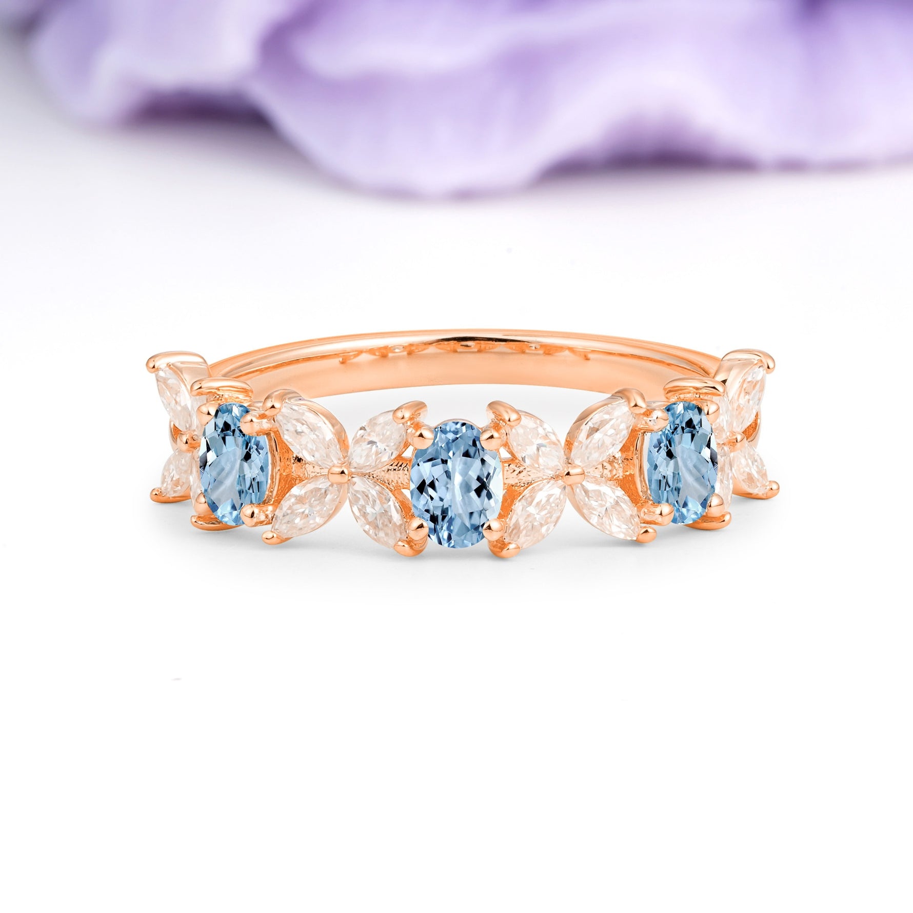 Unique and Luxurious 4 Prong Oval Cut Aquamarine Three stones Wedding Ring - Additional view