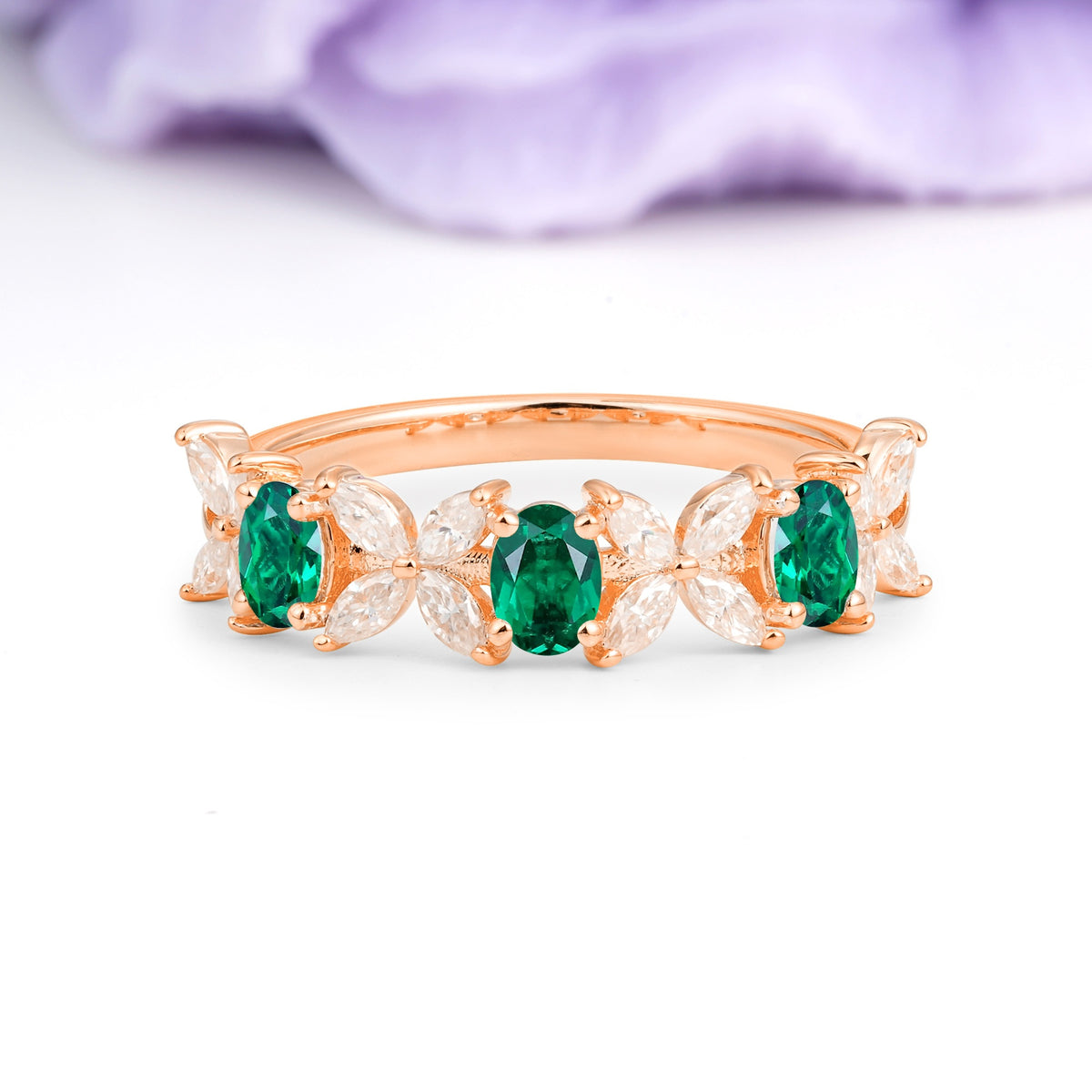 Unique and Luxurious 4 Prong Oval Cut Emerald Three stones Wedding Ring - Additional view