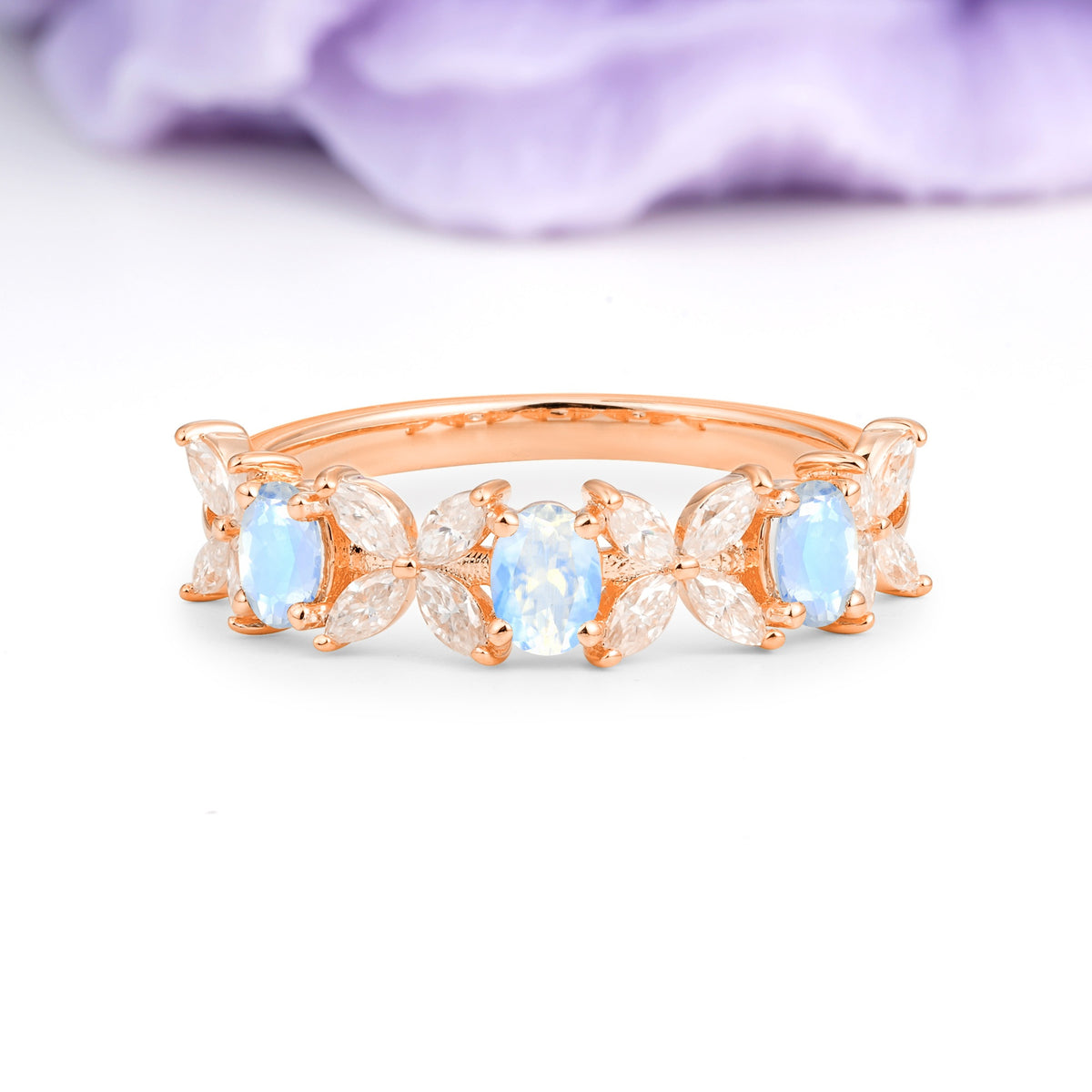 Unique and Luxurious 4 Prong Oval Cut Moonstone Three stones Wedding Ring - Additional view