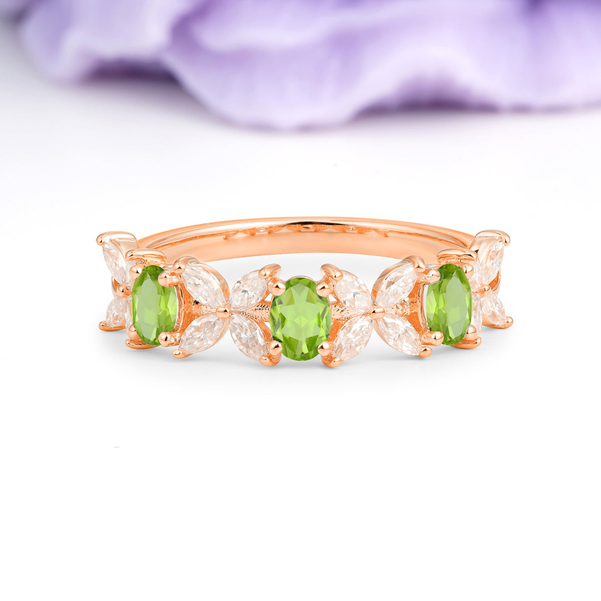 Unique and Luxurious 4 Prong Oval Cut Peridot Three stones Wedding Ring - Additional view