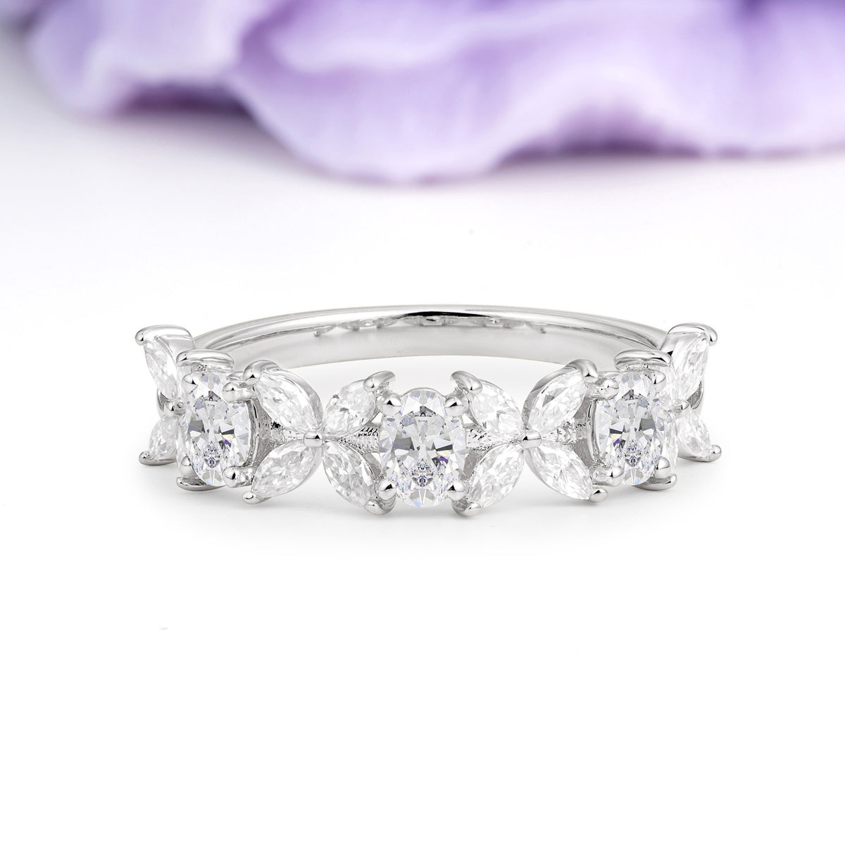 Unique and Luxurious 4 Prong Oval Cut Moissanite Three stones Wedding Ring - Additional view