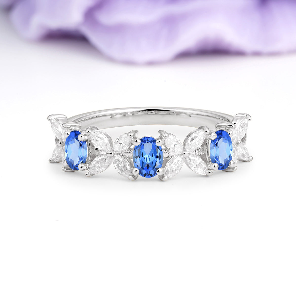 Unique and Luxurious 4 Prong Oval Cut Sapphire Three stones Wedding Ring - Additional view