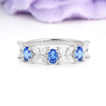 Unique and Luxurious 4 Prong Oval Cut Sapphire Three stones Wedding Ring - Additional view