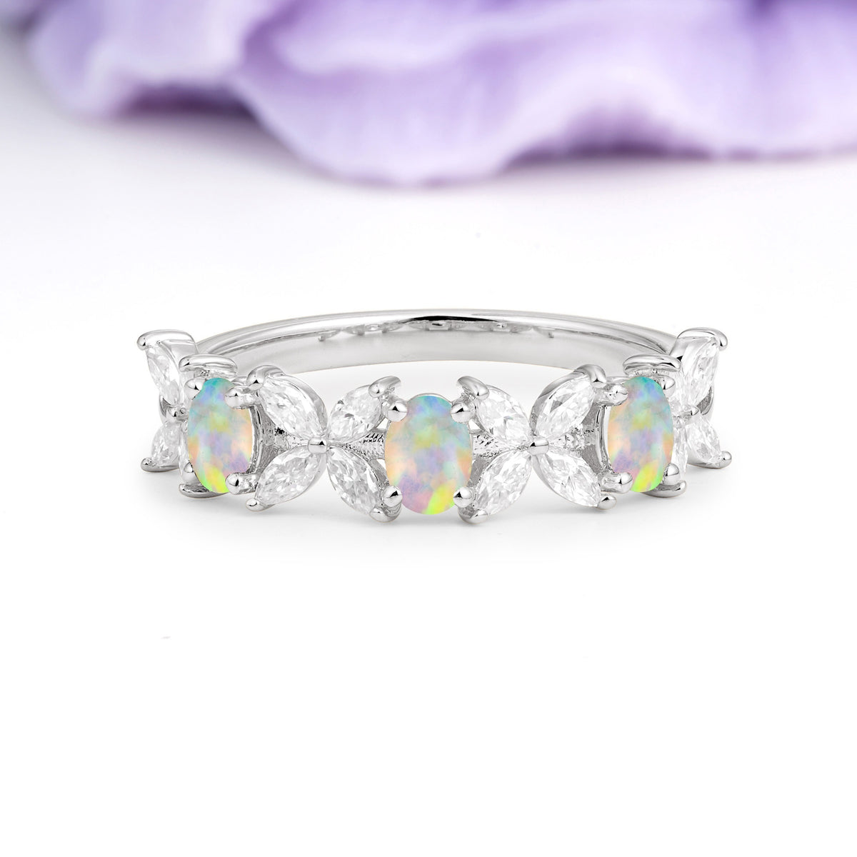 Unique and Luxurious 4 Prong Oval Cut Fire Opal Three stones Wedding Ring - Additional view