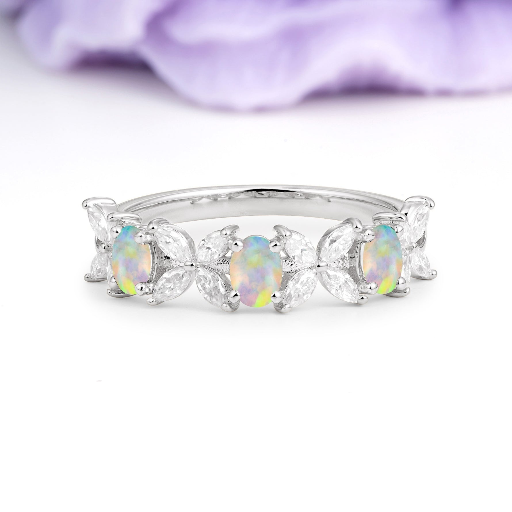 Unique and Luxurious 4 Prong Oval Cut Fire Opal Three stones Wedding Ring - Additional view